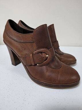 TOMMY HILFIGER Birch Saddle Women’s Brown Leather Buckle Heeled Booties SIZE 8M